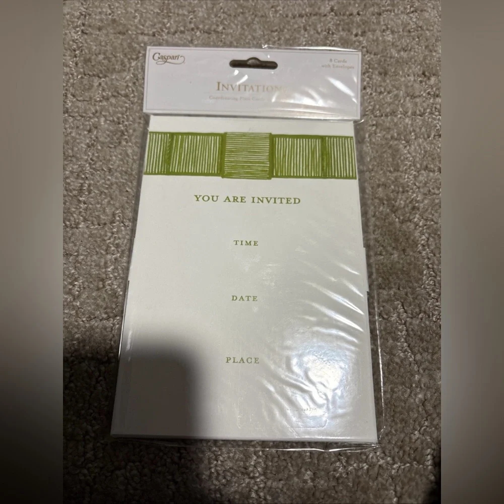 Caspari Invitations 8 Cards W Envelopes Green Ribbon Border